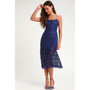 Lulus Wagner Eyelash Lace Royal Blue Cocktail Formal Midi Dress Size S Sleeveles